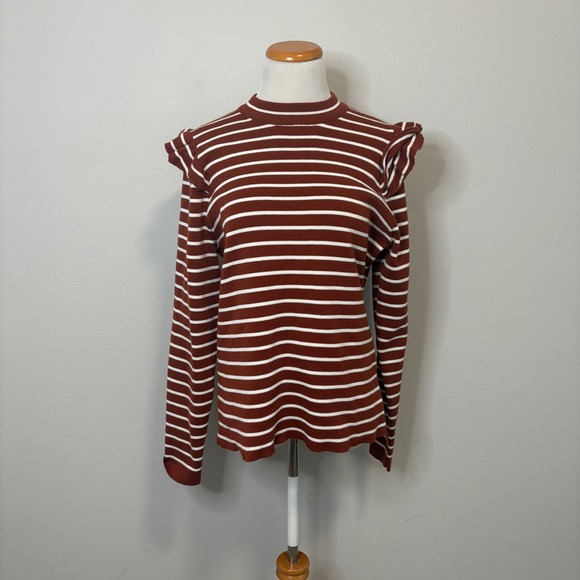 Grace Karma NWT Striped Ruffle Shoulder Long Sleeve Top Blouse Brown White Large - Picture 1 of 4